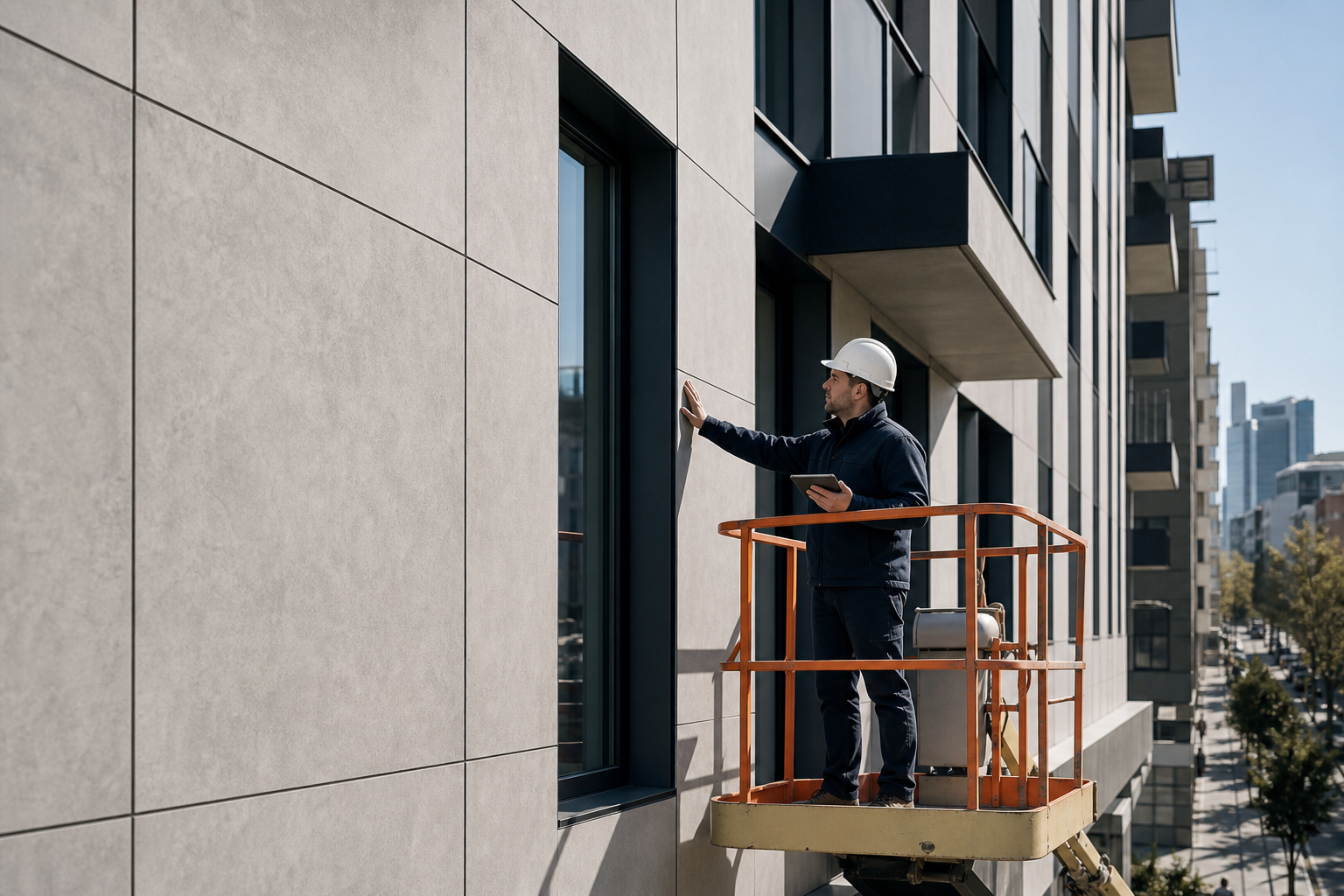 Fachada con piezas porcelánicas de gran formato en revisión técnica